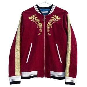 Embellish NYC Red Corduroy Varsity Jacket Full Zip Embroidered Men Small